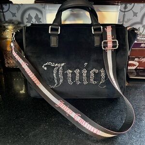 Juicy Couture Black Rhinestone Script Satchel with Branded Strap